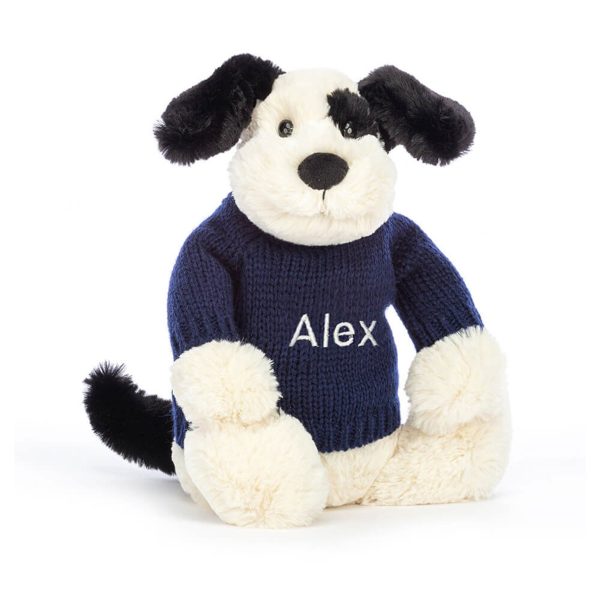 Bashful Black & Cream Puppy with Personalized Navy Jumper